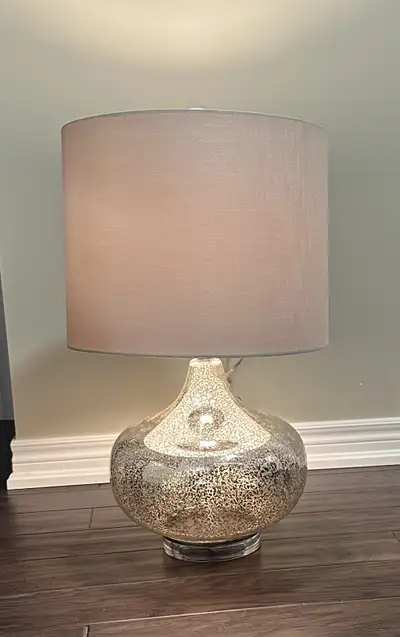 Antique full-body mercury table lamp with a neutral-toned, linen hard back designer shade. 3 way swi...