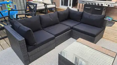 Outdoor Wicker Sectional Sofa Set - Grey with Black Cushions, View more
