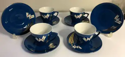 Vintage Cobalt Enamel Gold w/ White Floral Teacup and Saucers, View more