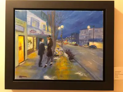 “Main Street Conversation”, Oil Painting by local artist Patricia Rawnsley (seller), framed in a 1.5...
