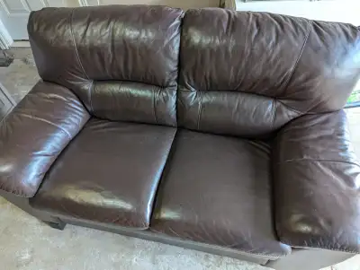 This leather loveseat is from Leons, a little under ten years old. There are several superficial cat...