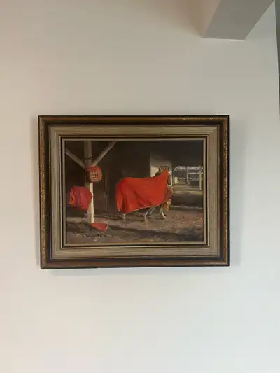 Striking painting by B. Ashdown original oil painting of a horse with red blanket leaving the stable...