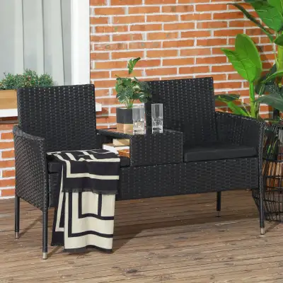 Patio Furniture w/ Mid-Table PE Rattan Loveseat w/ Cushion, Blac, View more