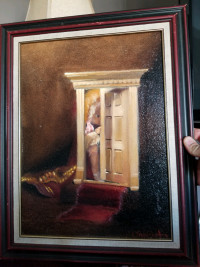 Girl in the door oil painting, signed, 16 * 20