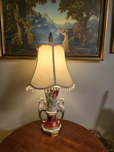 Fabulous 50"s Transeferware Porcelain Lamp W/ Swan Handles , View more