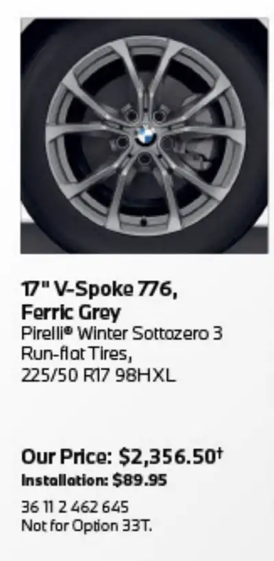 Selling one season old BMW 17” V Spoke 776 in Ferric Grey OEM rims on Pirelli Winter Sottozero 3 tir...