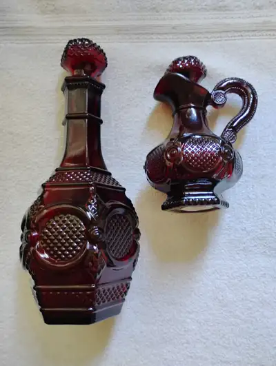 Avon (Cape Cod) Collection Ruby Red, Bubble bath and Wine Decanter w/stoppers . Clean, very nice con...