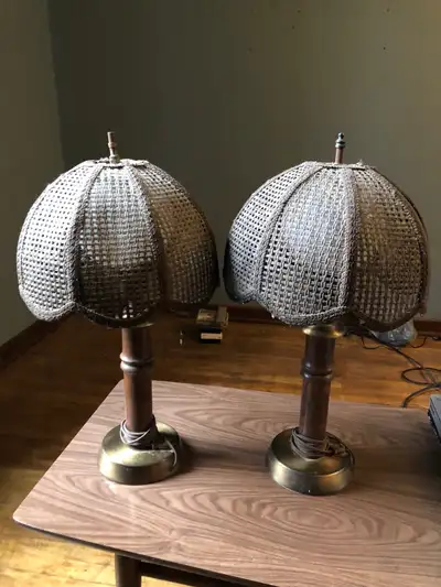 This is a pair of lamps from the 1970s with a wicker shade. They still work and the glass enclosures...