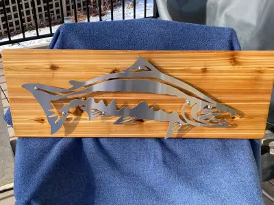 Sockeye/Chinook Salmon Clear Powder Coat Steel Mount over Cedar, View more