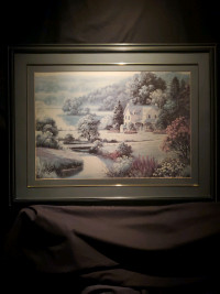 Teal landscape painting, already framed
