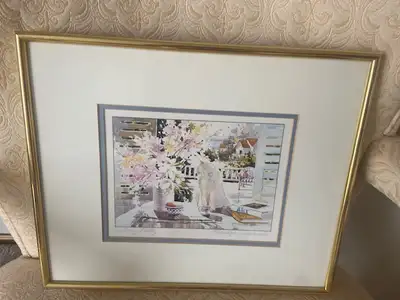 This charming, pre-owned framed print titled 'Sitting Pretty' by artist Marilyn Simerville captures...