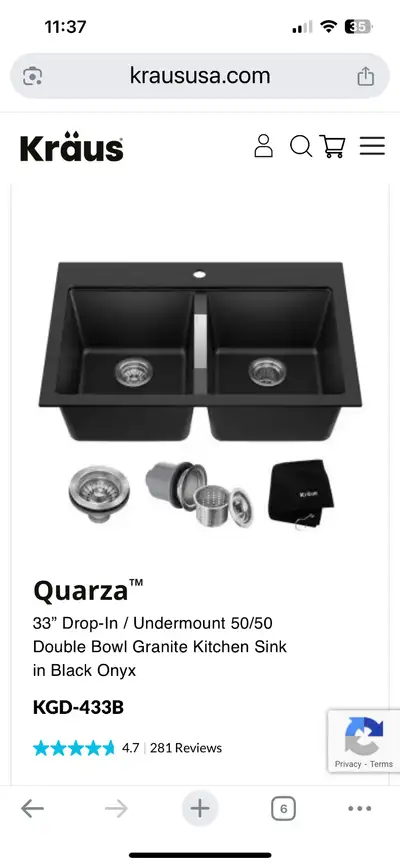 Kraus Quarza 33" Drop in / Undermount Black Granite Sink, View more