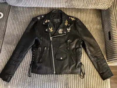 Cosa Nova Leather Bike Jacket- Harley Davidson Patch and pins, View more