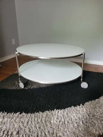 White glass table on wheels - moving sale!, View more