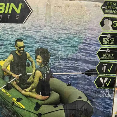 New in box. Tobin Canyon Pro Inflatable Boat comes with oars and pump. Has a 1.4hp motor mount (for...