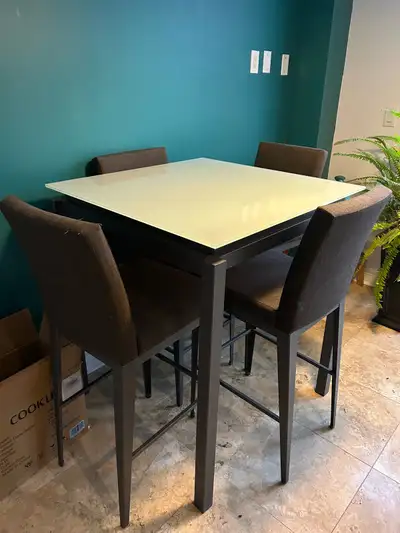 High Top Dining Table with 4 chairs. Frosted glass top, with wrought iron legs. This set was expensi...