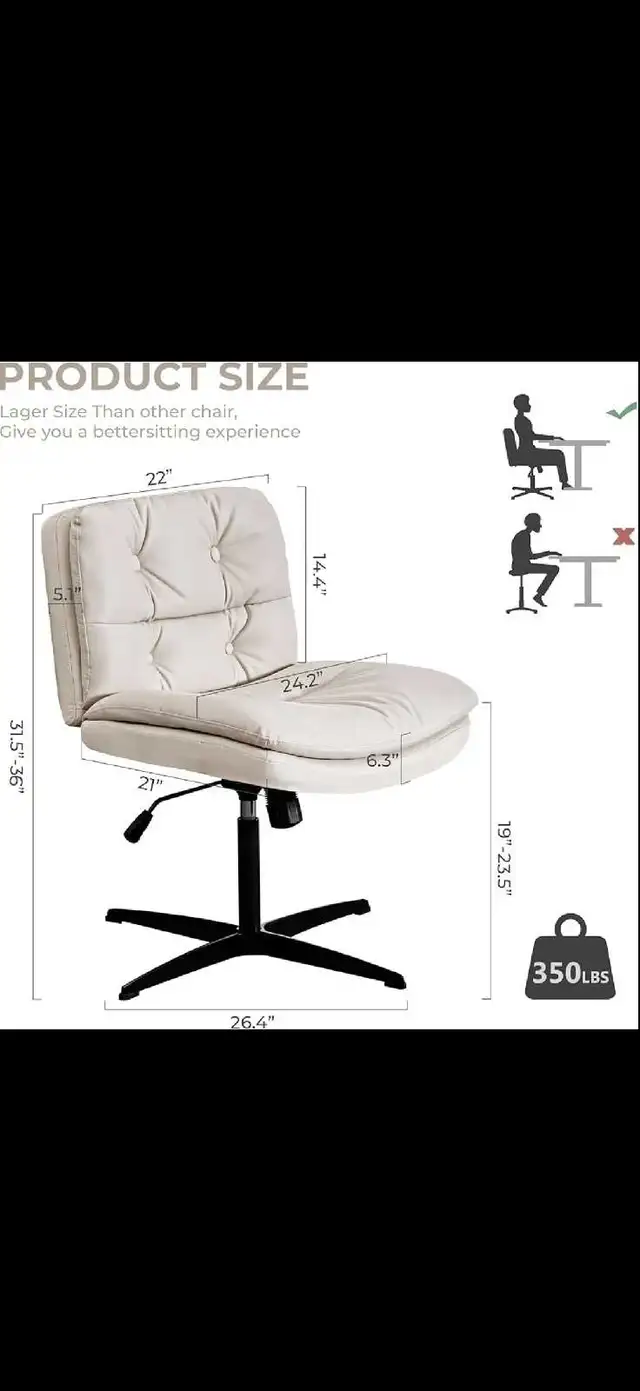 Office Desk Chair, Large Size Armless Hom Office Desk Chair Vani in Chairs & Recliners in Markham / York Region - Image 3