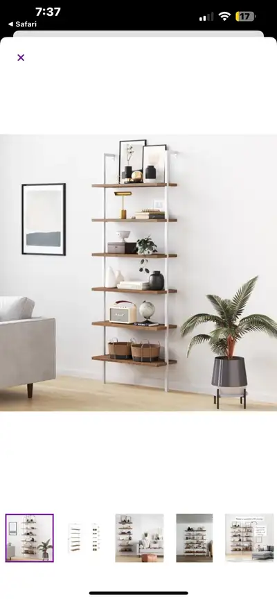 Modern wall-mount ladder bookcase has six oak-finished wood shelves and a white powder-coated metal...