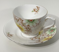 Fine Bone Bell China Yellow & Green Floral Teacup Saucer