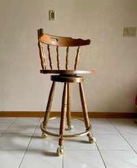 80s Oak & Brass Swivel Bar Stool Chair Rolling Castors