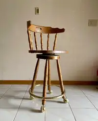 80s Oak & Brass Swivel Bar Stool Chair Rolling Castors