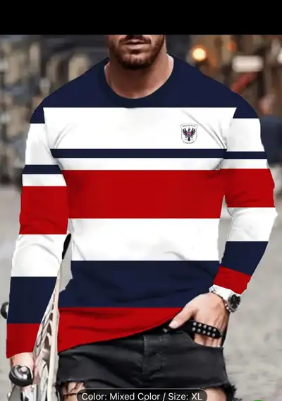 Men's Elegant Striped Color-Block Long Sleeve T-Shirt - Casual Comfort Fit, Polyester, Machine Washa...