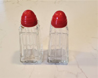 Vintage Glass Salt & Pepper with Red Tops