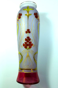 Antique Bohemian Czech Painted Glass Floral Gilt Glass Vase