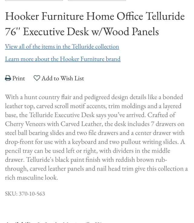 executive desk  76” hooker furniture in Desks in Sarnia - Image 4