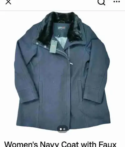 Elegant and stylish Jeanne Beker women's navy coat with a luxurious faux fur collar. Size 8, brand n...