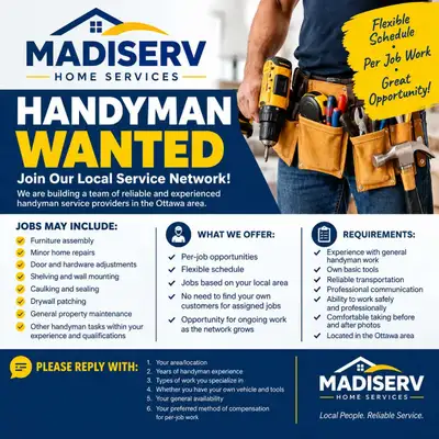 Experienced Handyman Wanted – Ottawa Area | Per Job Work, View more