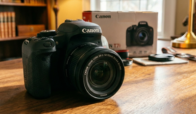 Canon T7i in, with 18-55 lens + batteries + camera bag., View more