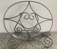 Wrought Iron Cookbook Holder or Plate Stand with Fork & Spoon