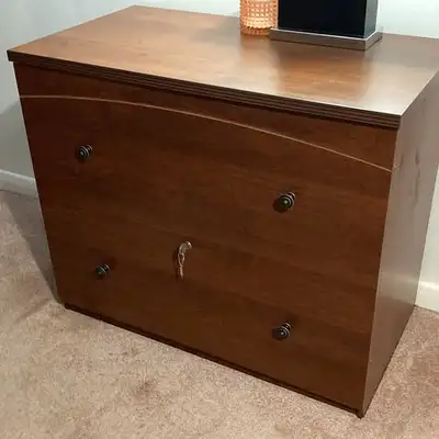 Wood filing cabinet with hanging file folders, View more