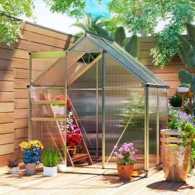 6' x 4' x 6.6' Walk-in Greenhouse, Polycarbonate Greenhouse with Adjustable Roof Vent, Base, Sliding...