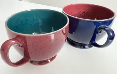 Denby Harlequin Set of 2 Coffee Cups, Blue Green Pink Speckled Stoneware c1991-2004 Made in England...