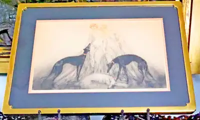 1930 Louis Icart 34.5" X  25" Print c/w Orig Gold Bakelite Frame, View more