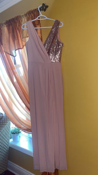 Long light pink sequence v neck  prom dress 