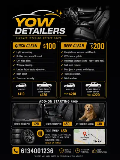 Your car interior looking dirty? We’ve got you covered. YOW Detailers ✔️ Quick Clean starting at $10...