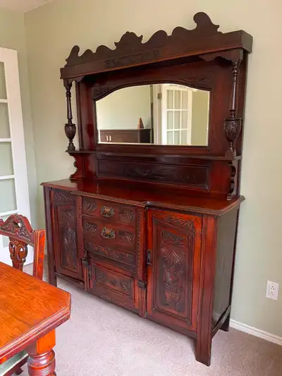 SIDEBOARD/CHINA CABINET_ANTIQUE_SOLID WOOD(MAHOGANY)_1890's ERA, View more