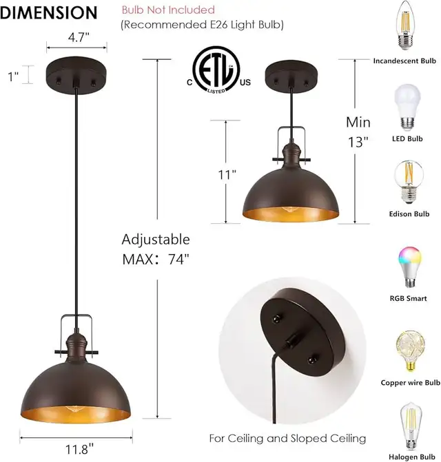 12 Inch Pendant Lights for Kitchen Island in Indoor Lighting & Fans in Mississauga / Peel Region - Image 3