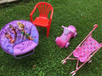 Lot of Toys~ baby doll Stroller, sound car, Chairs