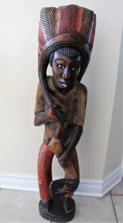 36" HAND CARVED WOOD NATIVE WARRIOR, View more