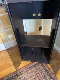 VINTAGE STEREO SYSTEM CABINET WITH GLASS DOORS ON CASTERS #V1088