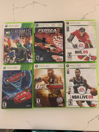 A SET OF 6 ASSORTED XBOX 360 VIDEO GAMES USED IN ORGINAL CASE 
