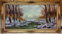 Gorgeous antique listed artist Bella Gabris winter oil painting.