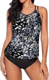 NEW Black Grey Pattern Blouson 2pc Swimsuit - Large