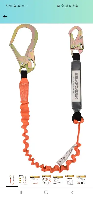 Single Leg 6-Foot Fall Protection Shock Absorber Stretch Safety Lanyard with Snap & Rebar Hook Conne...