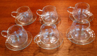 Set of 6 Glass Cups and Saucers