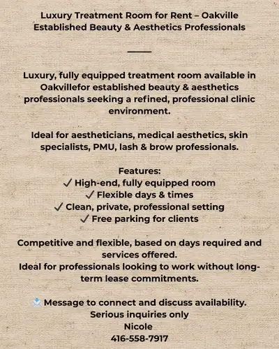Luxury, fully equipped treatment room available in Oakville for established beauty and aesthetics pr...